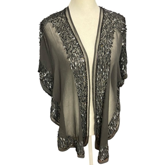 Echo Design Echofloral Bloom Silksquare Black Sheer Cardigan OS Beaded Evening - Picture 3 of 10